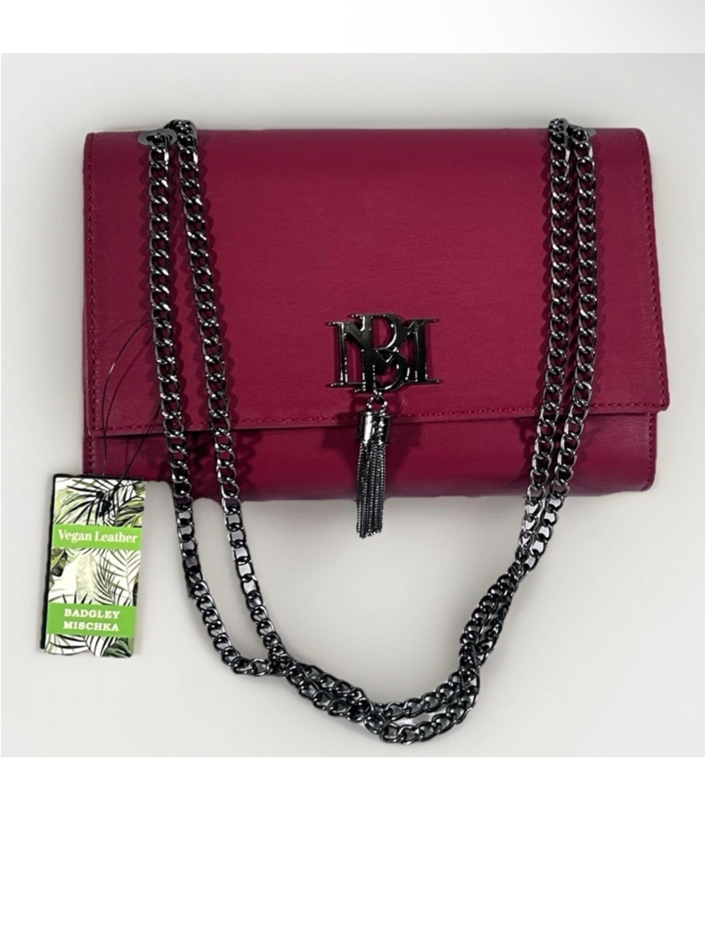 Badgley Mischka Red Vegan Leather Chain Crossbody with Tassel